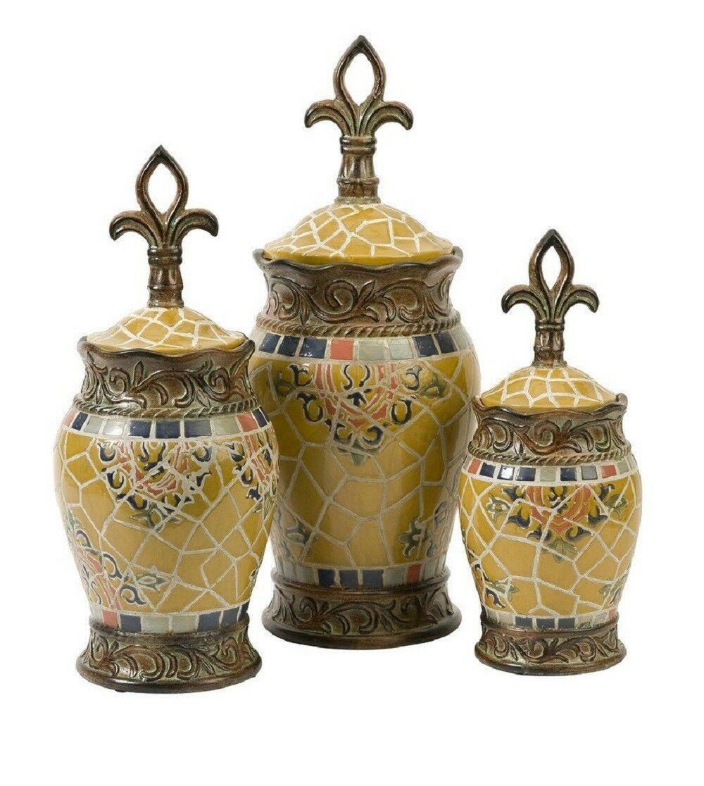 Vallarta Mosaic Canisters With Fleur De Lis Finial Lids Set Of 3 for dimensions 1000 X 1116