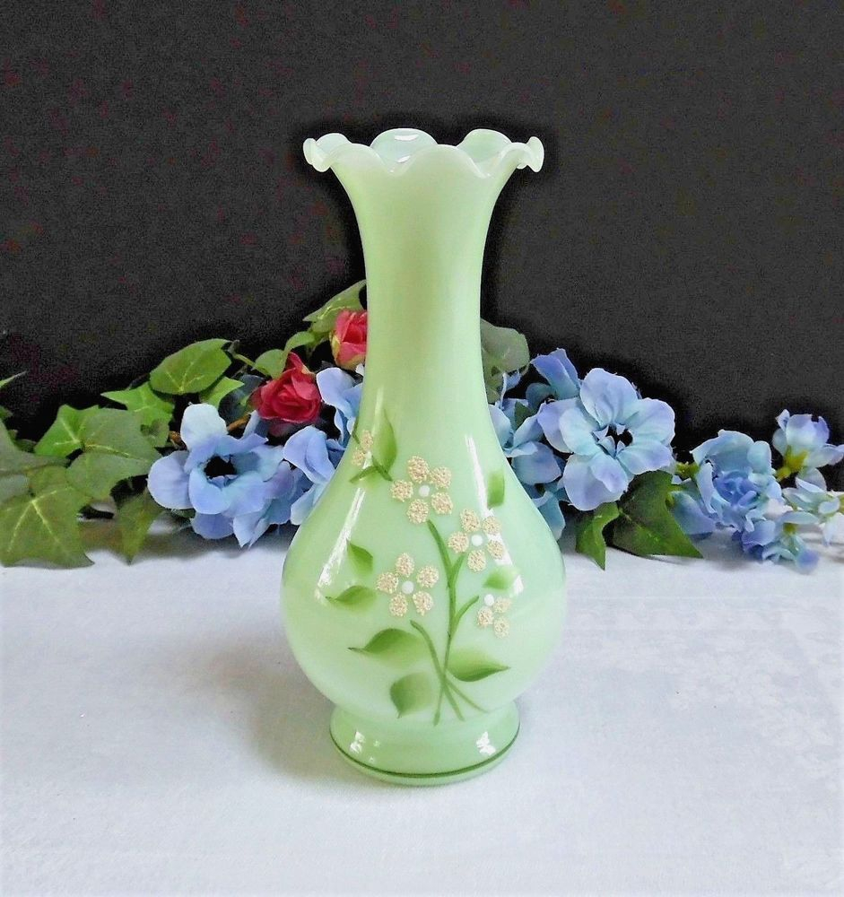 Vintage Milk Glass Bud Vase Jadeite Green Hand Painted in measurements 941 X 1000