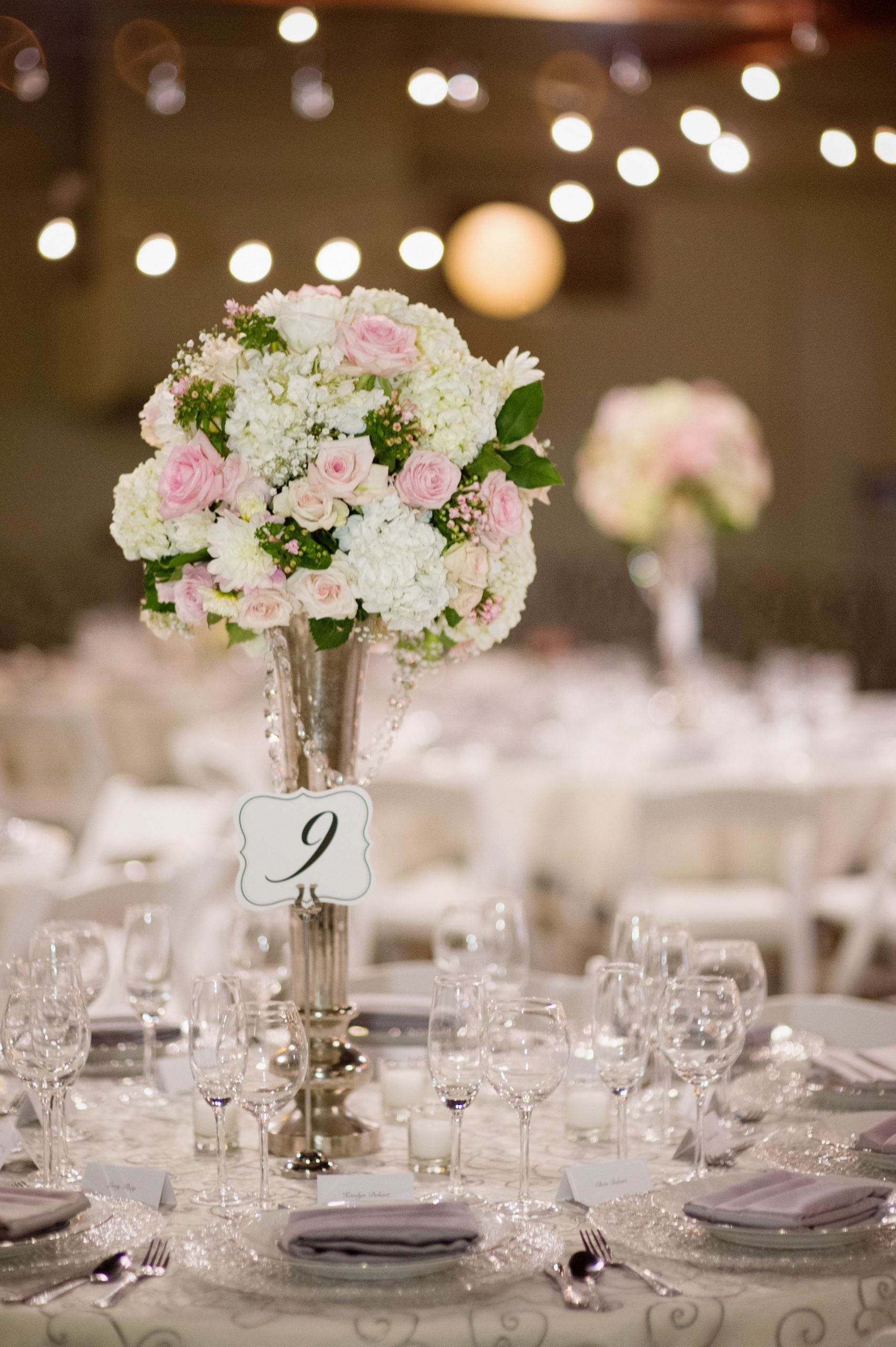 Wedding Centerpiece Using Tall Chic Silver Vase With Hanging throughout size 2633 X 3957