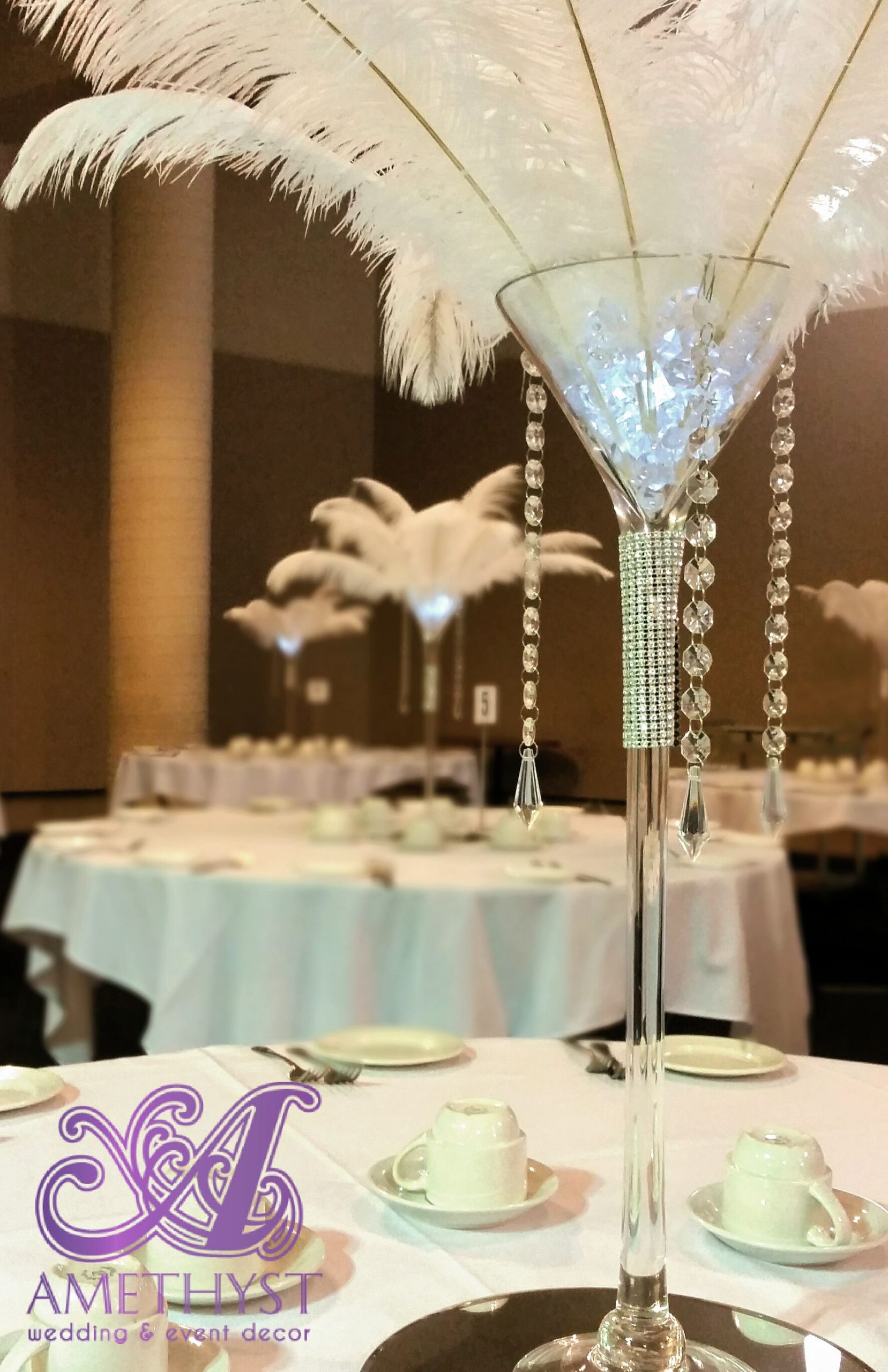 White Ostrich Feather Centerpiece With Martini Vase with measurements 1770 X 2734